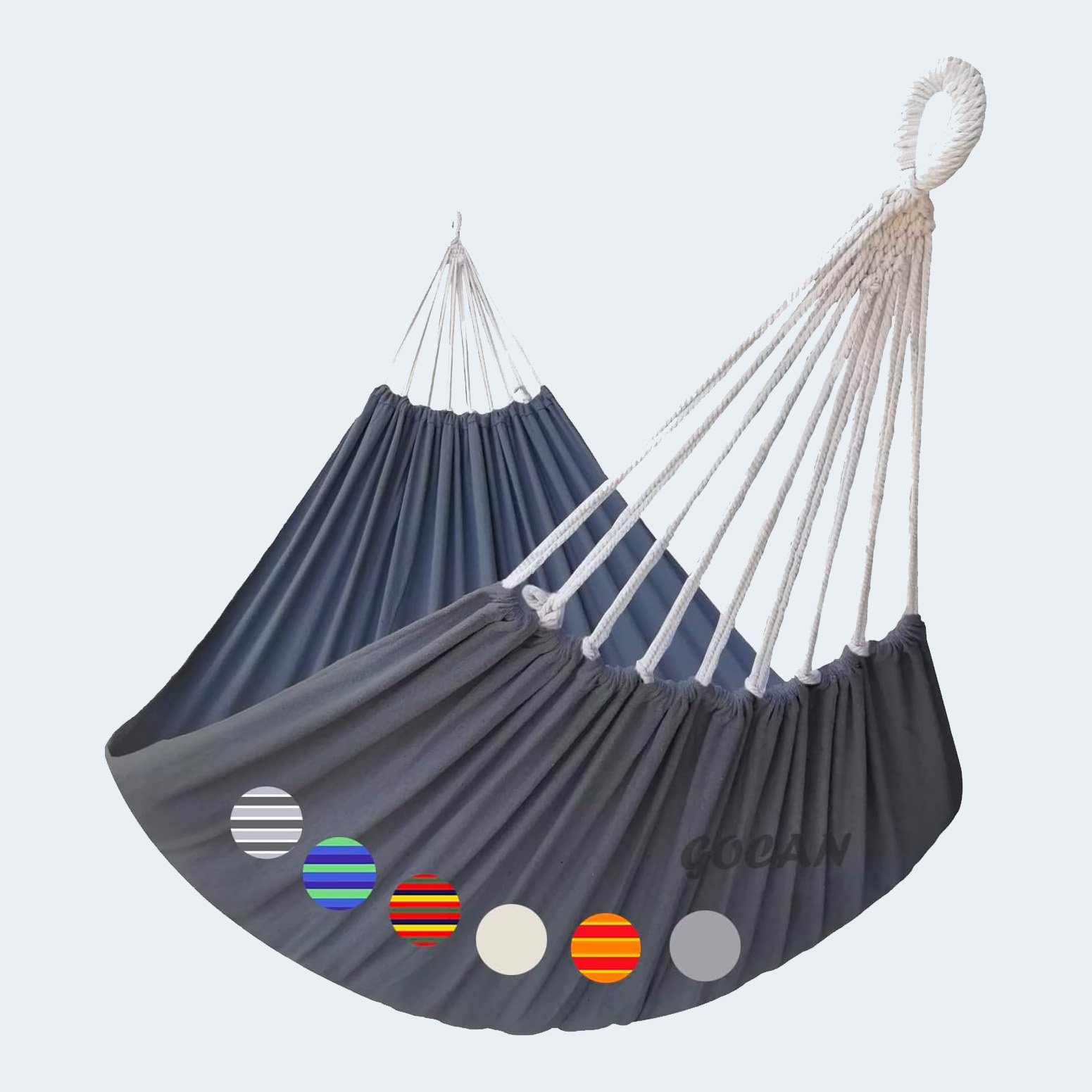 Hamaca de algodón color gris oscuro con cuerdas blancas, opciones de colores adicionales disponibles, ideal para uso en exteriores.