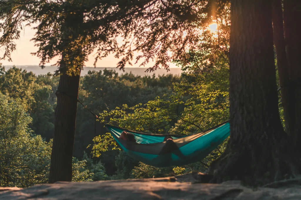 Persona descansando en una hamaca colgada entre árboles, rodeada de naturaleza al atardecer.