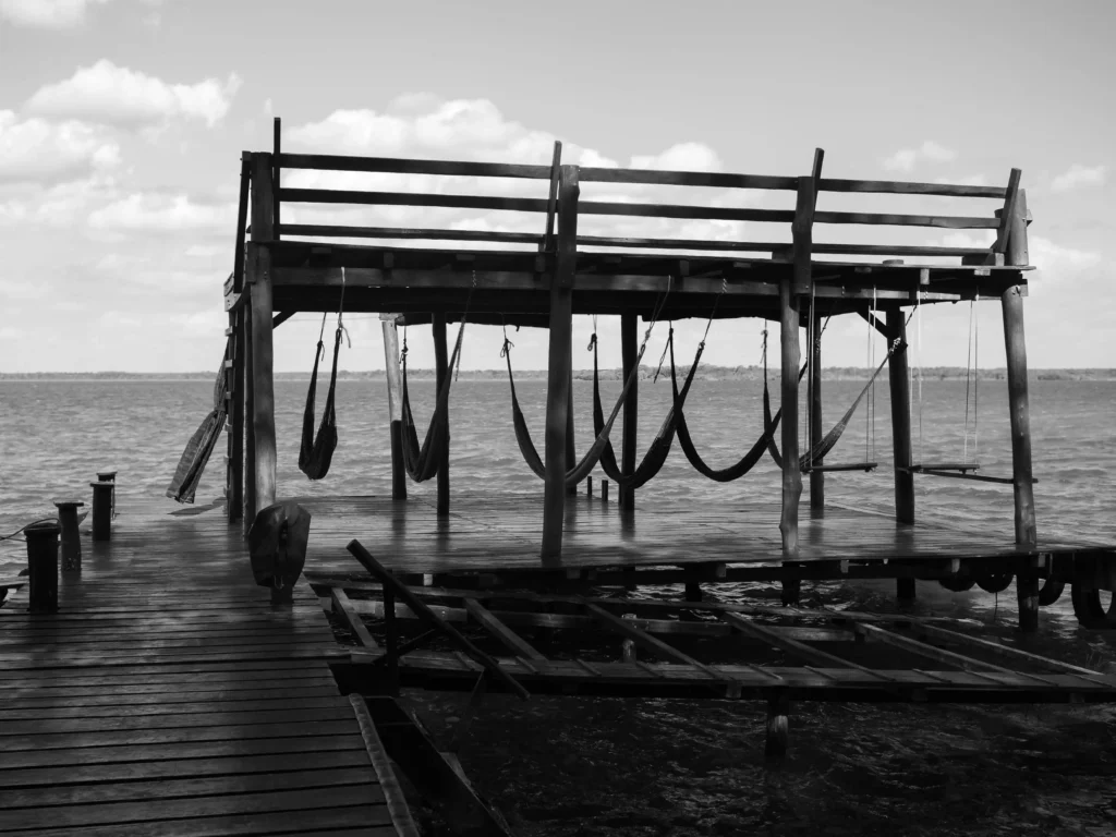 Estructura de madera con hamacas colgando sobre un muelle frente al agua, capturada en blanco y negro.