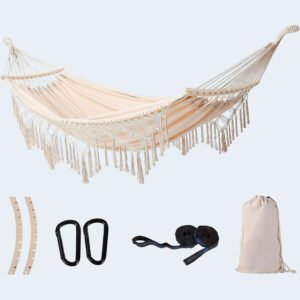 Hamaca beige de algodón con flecos decorativos, kit de instalación completo incluido.