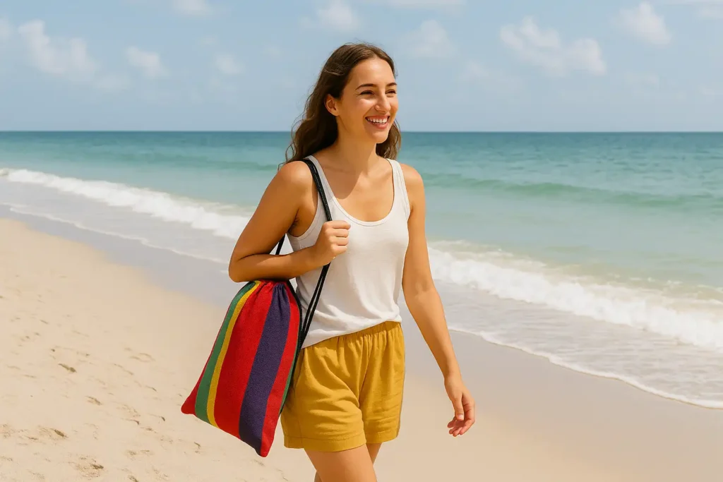 Mujer sonriente caminando por la playa con bolsa de rayas coloridas.