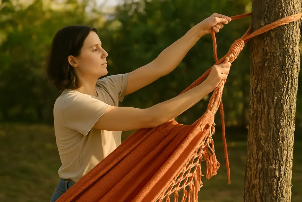 Mujer instalando una hamaca colgante color terracota entre dos árboles al aire libre.