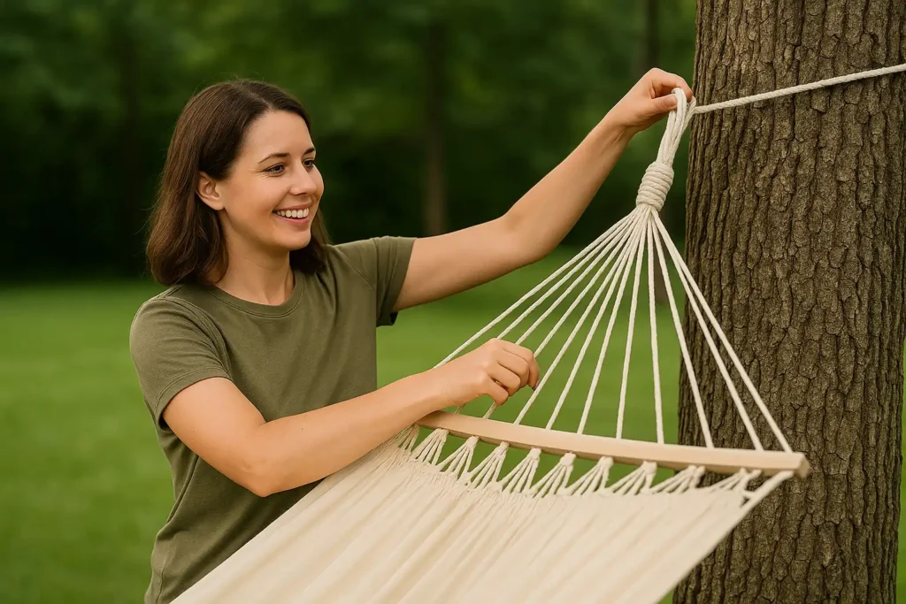 Mujer sonriendo mientras instala una hamaca de tela beige en un árbol en un jardín.